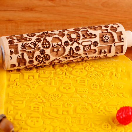 Rouleau à pâtisserie en bois avec motifs gravés de Noël - Outil de décoration pour biscuits