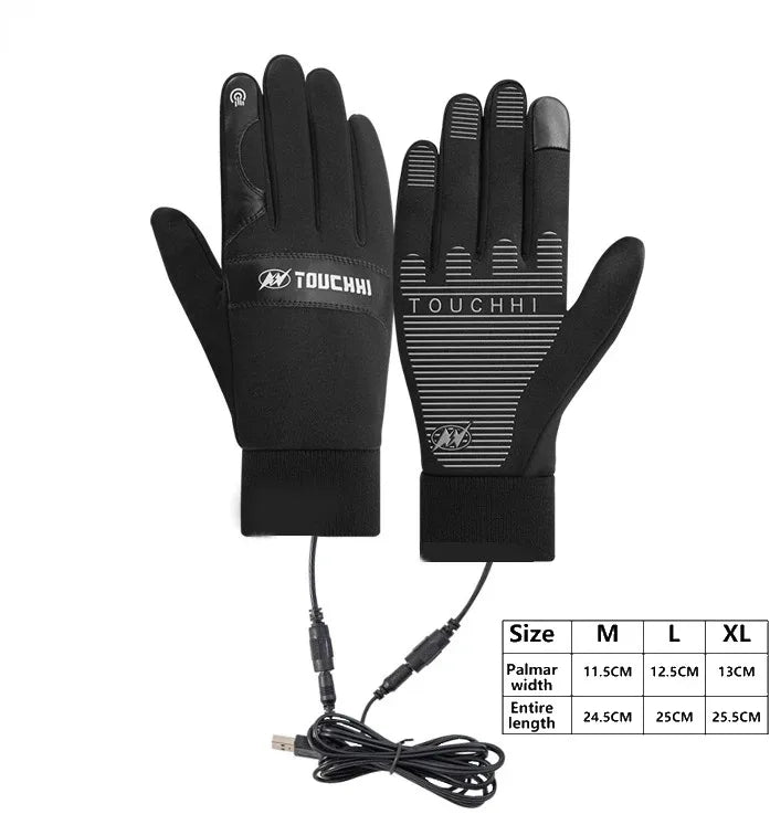 Gants chauffants USB ThermaGlide étanches avec doublure polaire, compatibles écrans tactiles — pour ski, moto et plein air (M, L, XL)