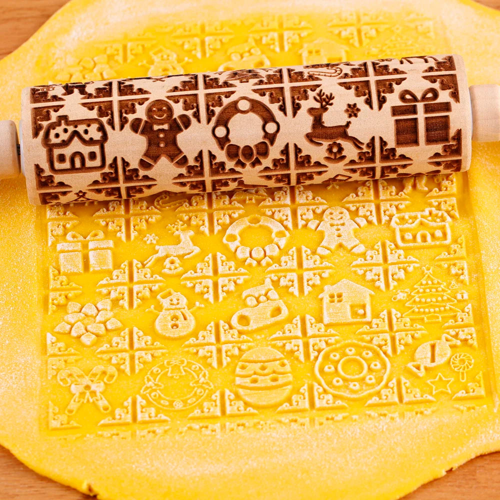 Rouleau à pâtisserie en bois avec motifs gravés de Noël - Outil de décoration pour biscuits