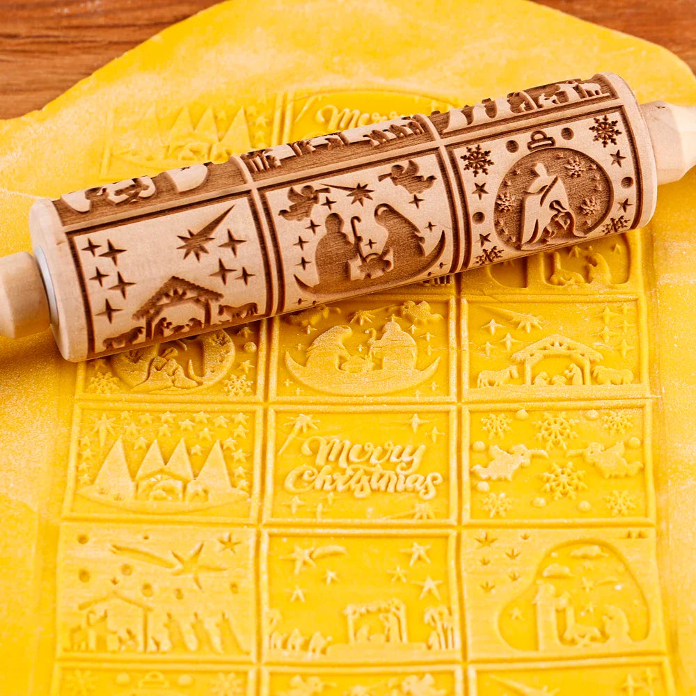 Rouleau à pâtisserie en bois avec motifs gravés de Noël - Outil de décoration pour biscuits
