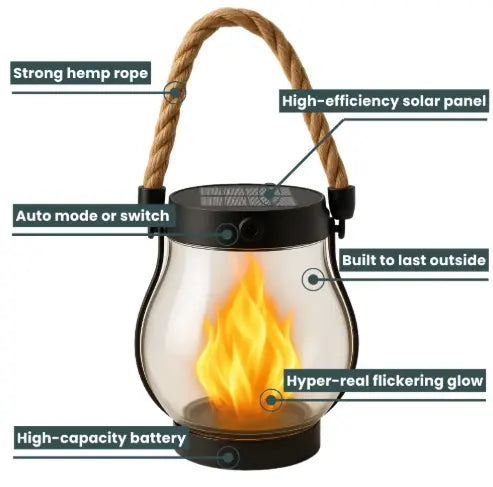 Lanterne à flamme solaire sur une allée extérieure