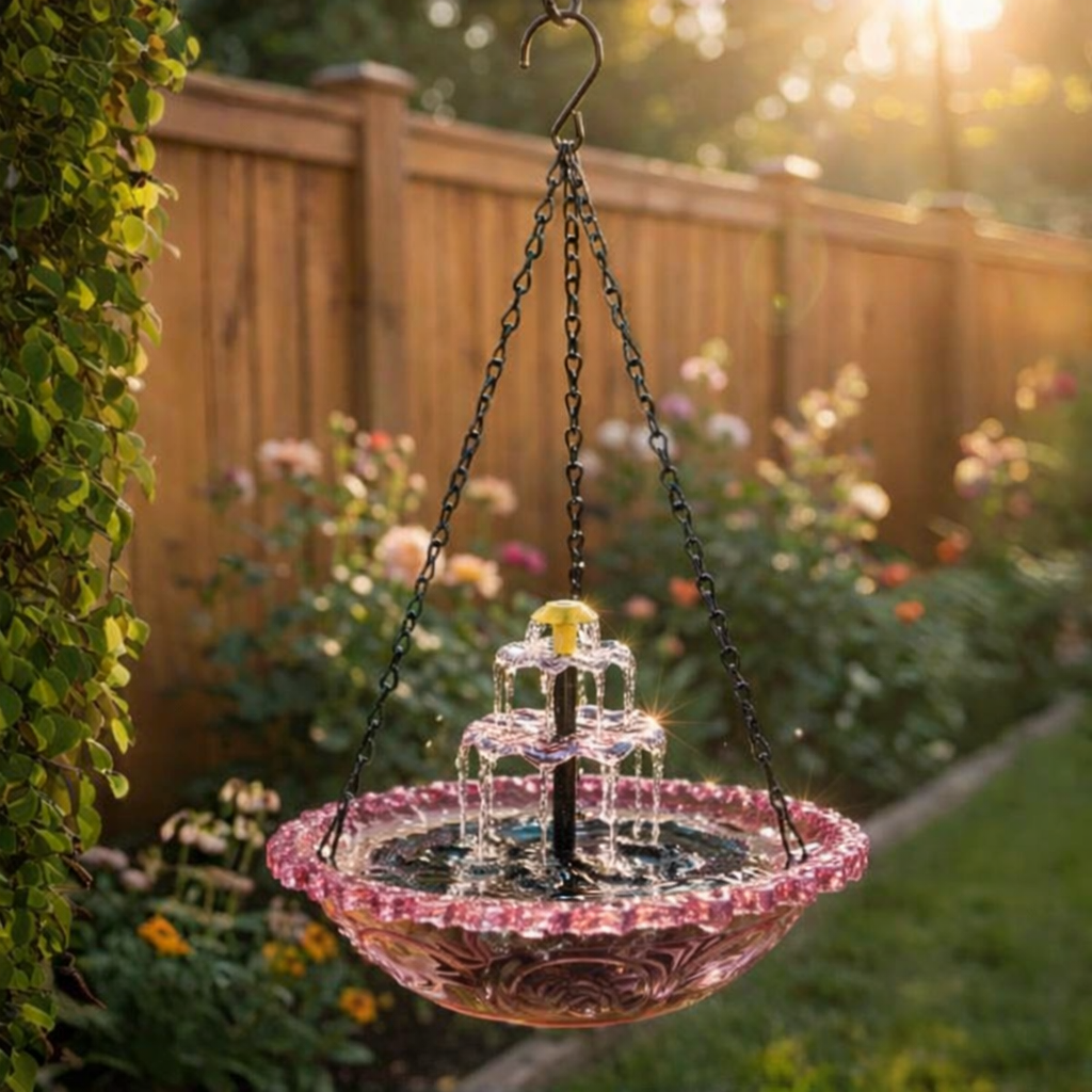 Bain d'oiseaux suspendu solaire avec fontaine | Deux niveaux | Coupe en verre