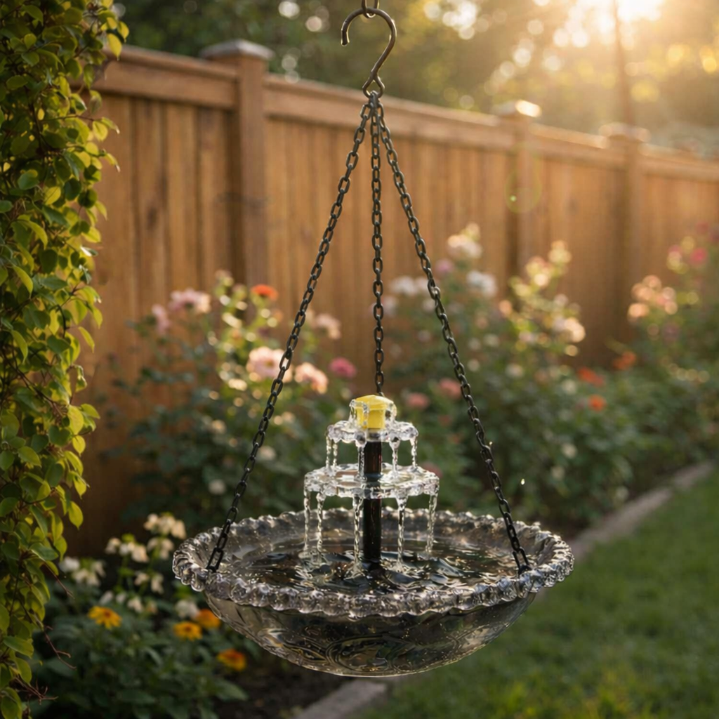 Bain d'oiseaux suspendu solaire avec fontaine | Deux niveaux | Coupe en verre