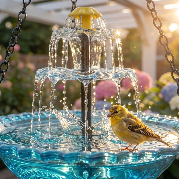 Bain d'oiseaux suspendu solaire avec fontaine | Deux niveaux | Coupe en verre