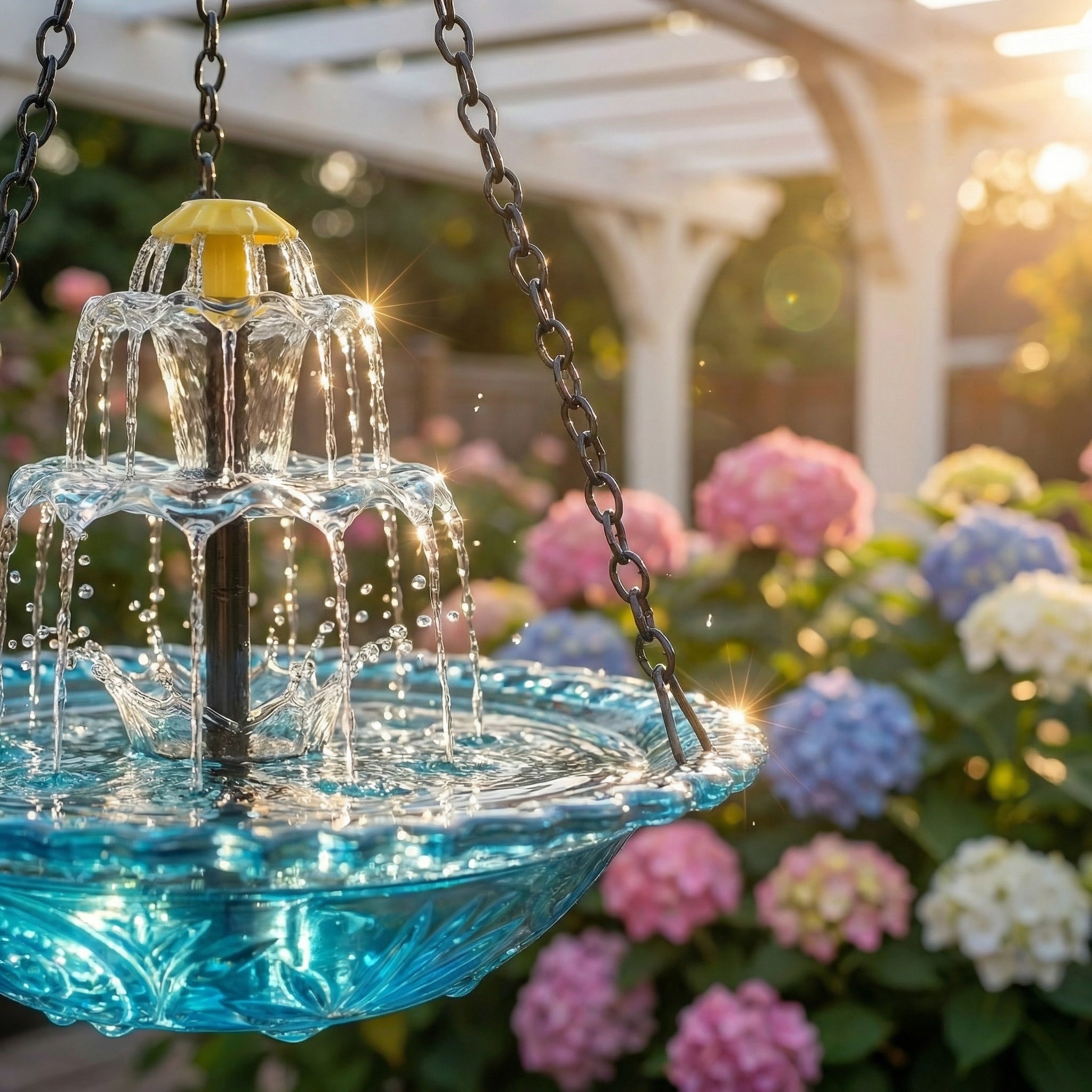 Bain d'oiseaux suspendu solaire avec fontaine | Deux niveaux | Coupe en verre