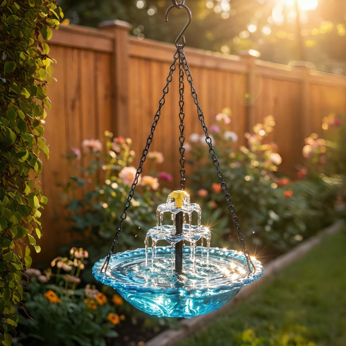 Bain d'oiseaux suspendu solaire avec fontaine | Deux niveaux | Coupe en verre