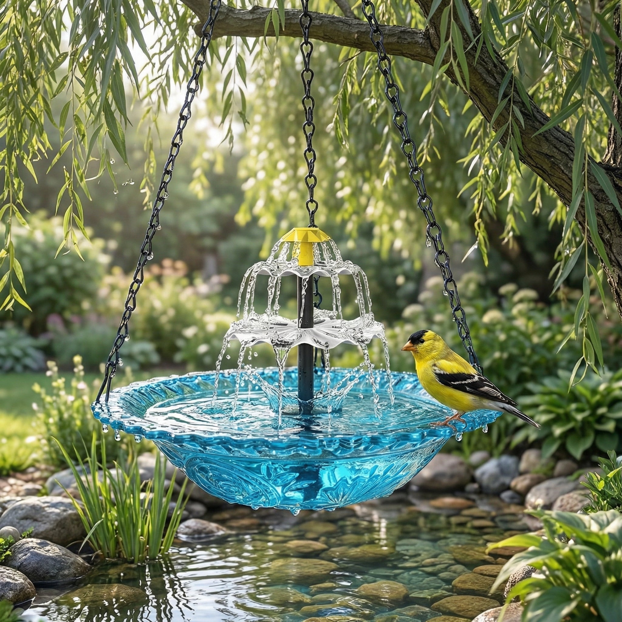 Bain d'oiseaux suspendu solaire avec fontaine | Deux niveaux | Coupe en verre