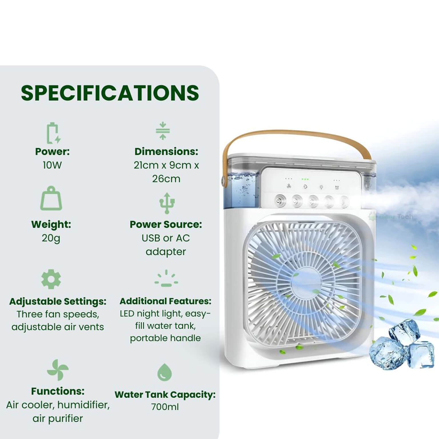 Refroidisseur d'air et humidificateur 3-en-1 en noir