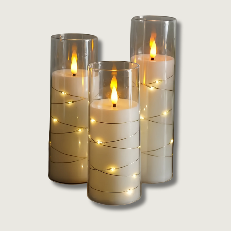 Ensemble de bougies LED sans flamme | Cylindre en verre avec guirlandes lumineuses