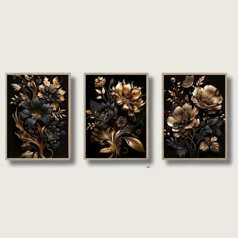 Art mural floral en or noir | Ensemble de toile 3 pièces