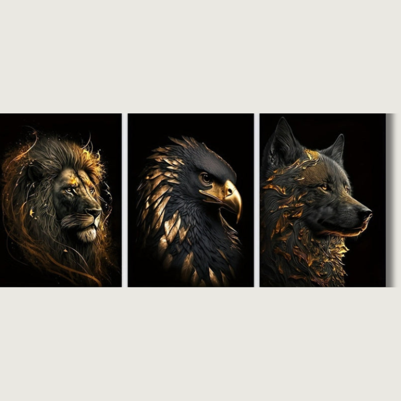 Ensemble d’art sur toile de la faune | Triptyque Aigle Lion Doré Loup