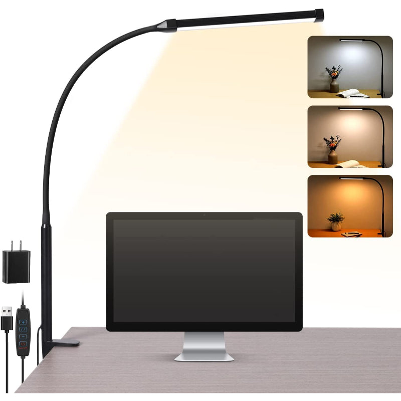 Lampe de bureau LED – Lampe de bureau respectueuse des yeux avec pince, bras pivotant flexible, 3 modes, 10 niveaux de luminosité, adaptateur USB