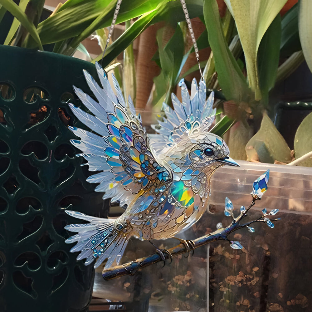 Décoration de fenêtre avec motif oiseau bleu et reflets solaires