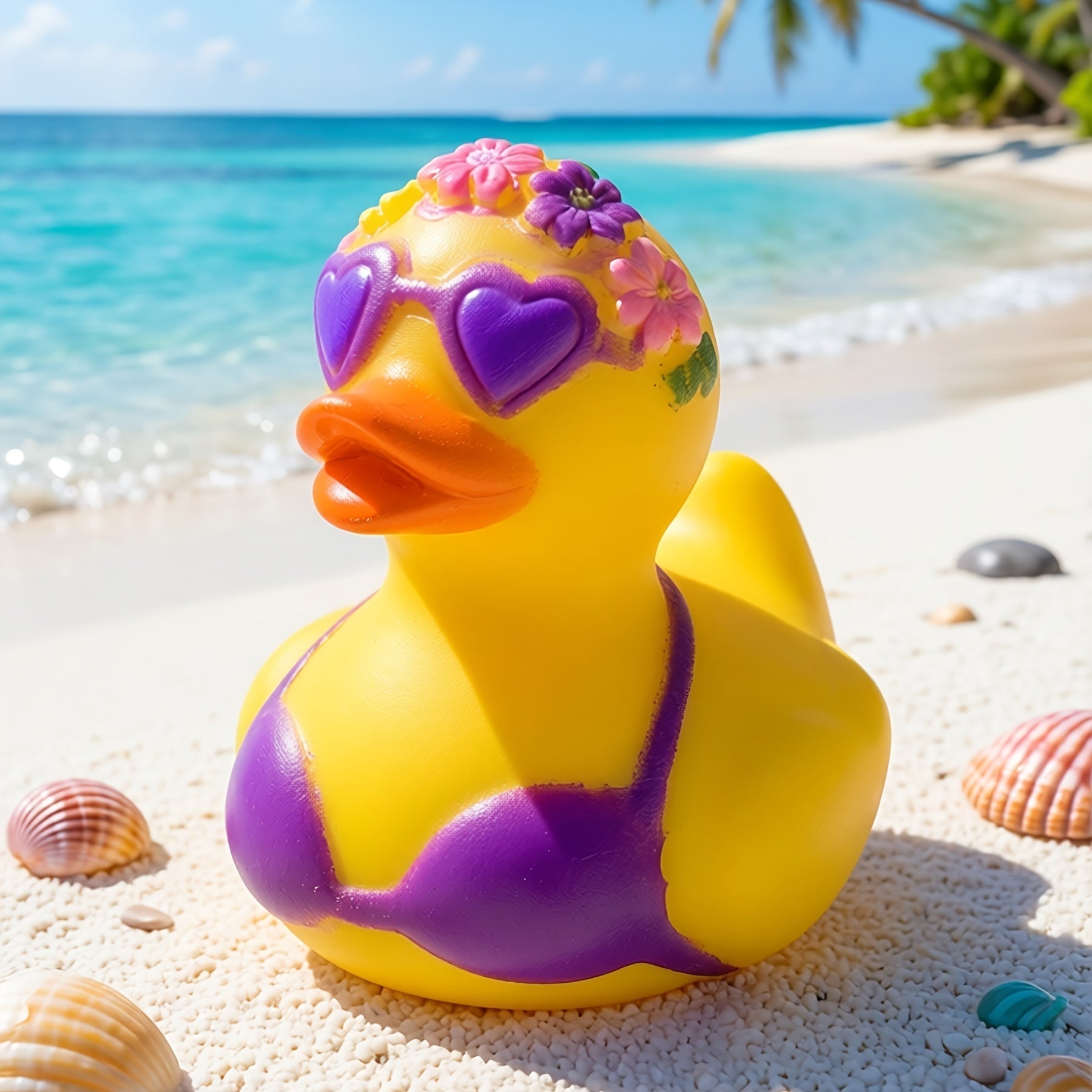 Canard en caoutchouc décoratif avec des fleurs et un bikini pour le bureau, la voiture ou la décoration de fête