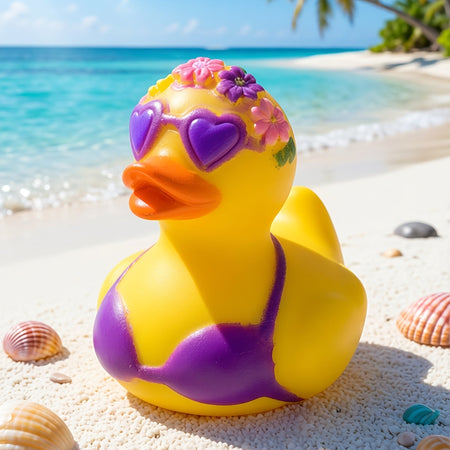 Canard en caoutchouc décoratif avec des fleurs et un bikini pour le bureau, la voiture ou la décoration de fête