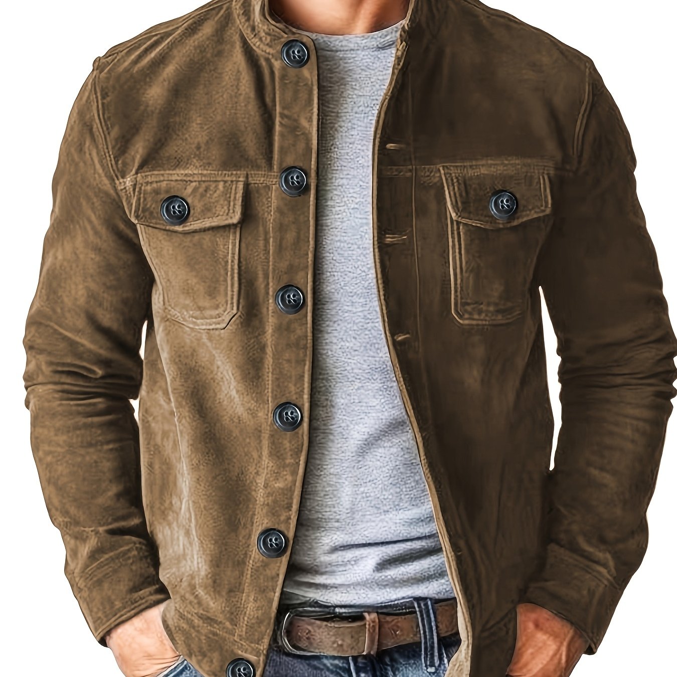 Veste décontractée pour hommes avec boutons et col montant – Veste de travail vintage pour le printemps et l'automne