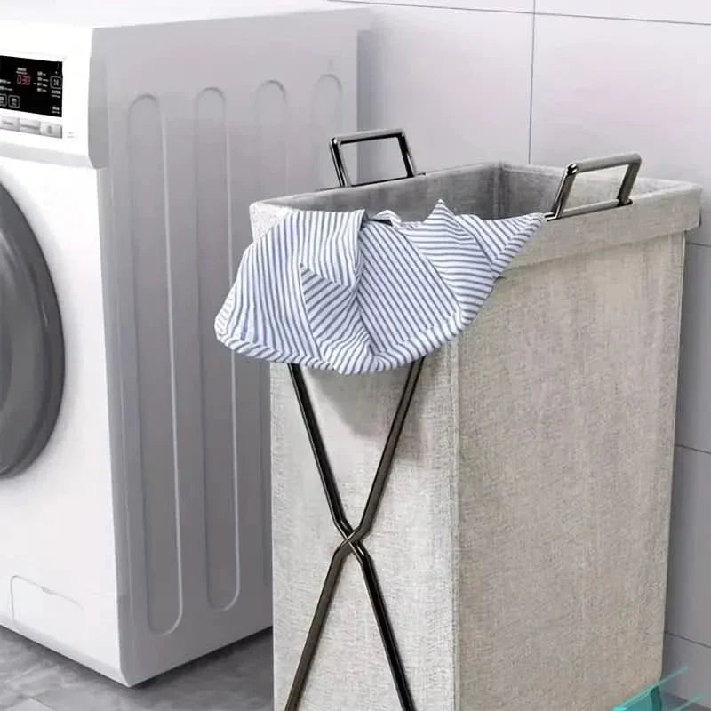 Panier à linge pliable avec cadre métallique et sac de rangement en tissu tissé