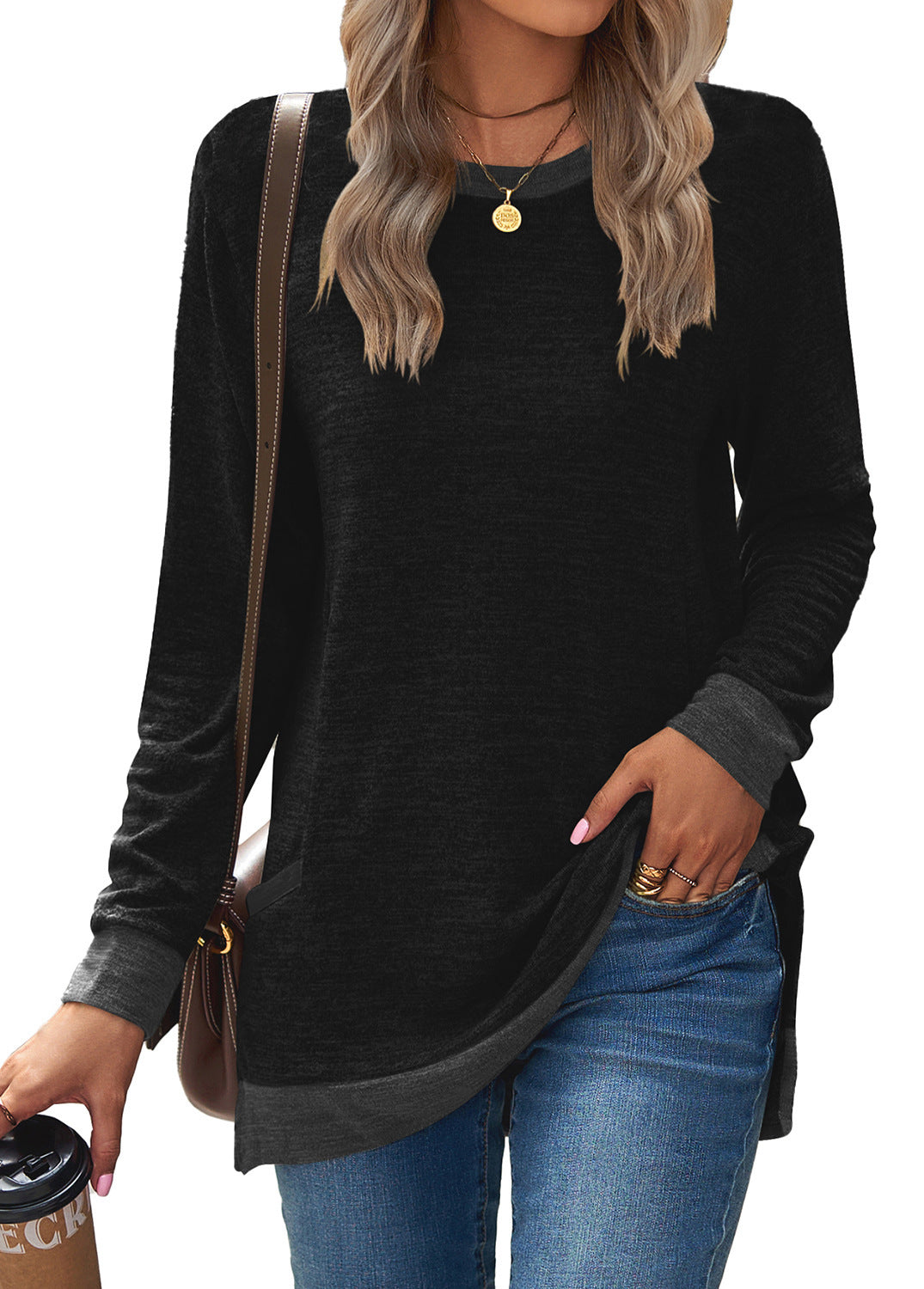 Pull doux et décontracté à manches longues pour femmes, tunique à col rond, tricot en coton et cachemire, haut mi-long avec poches pour tenue décontractée
