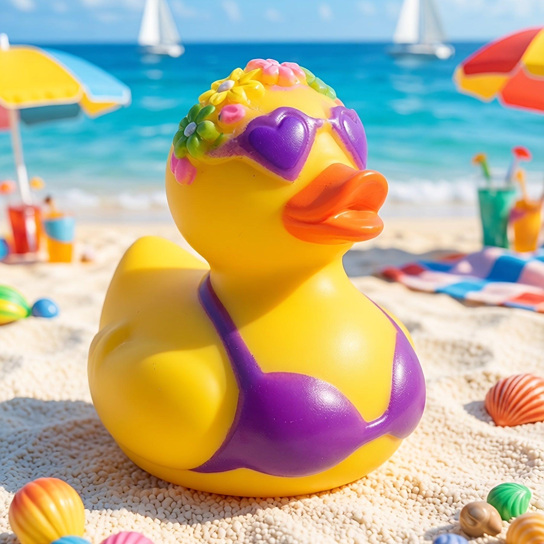 Canard en caoutchouc décoratif avec des fleurs et un bikini pour le bureau, la voiture ou la décoration de fête