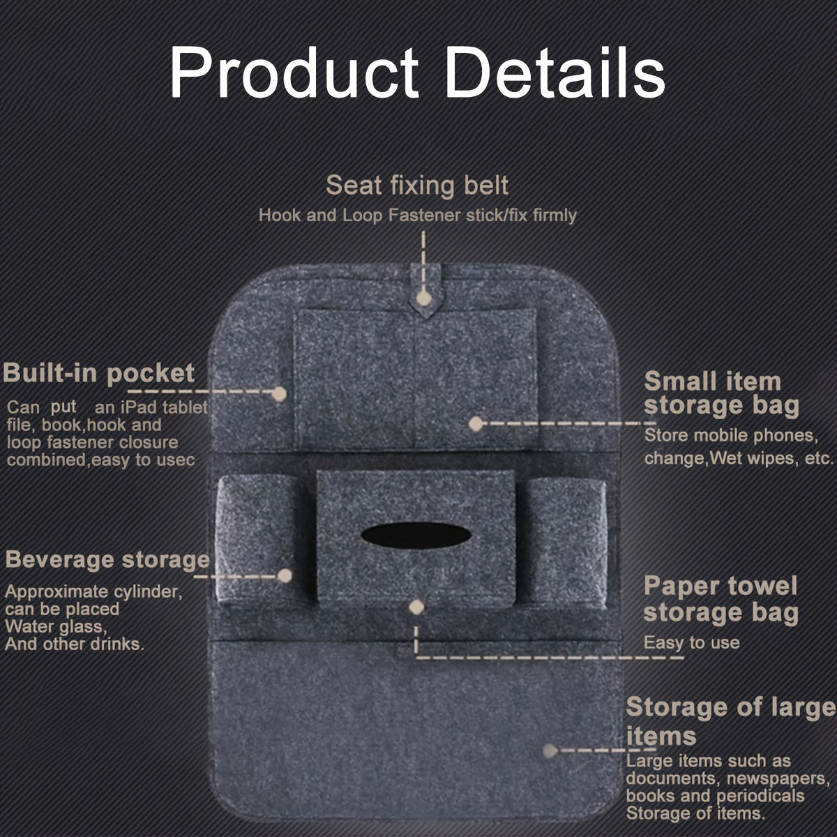 Organisateur de siège auto avec poches de rangement et porte-tablette pour le siège arrière