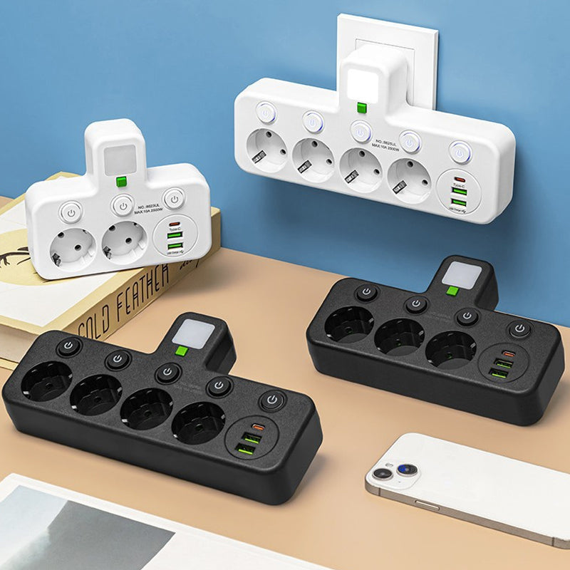 Multiprise avec ports USB, interrupteurs individuels et veilleuse