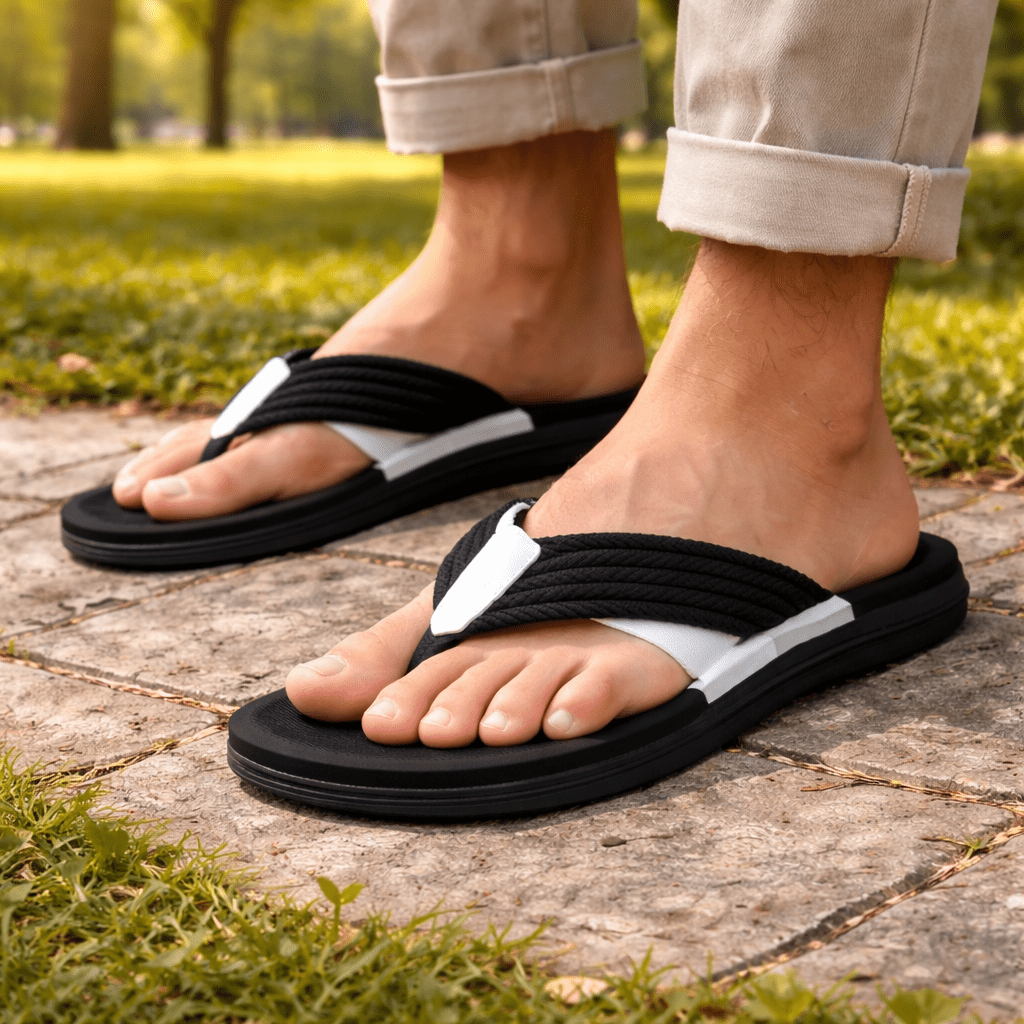 Tongs pour hommes à lanières tissées et semelle intérieure texturée
