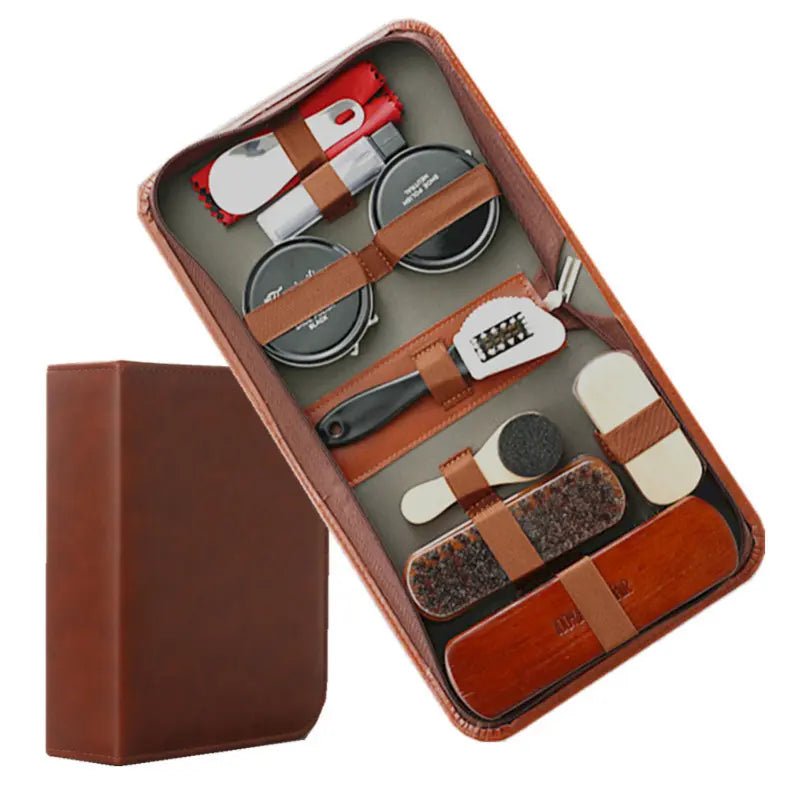 Kit d'entretien des chaussures premium en 9 pièces avec des brosses en crin de cheval
