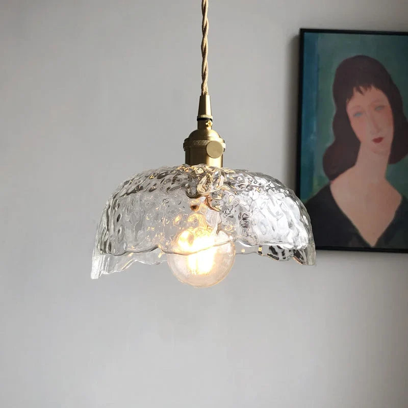Lampe suspendue en verre vert | Luminaire en laiton ondulé
