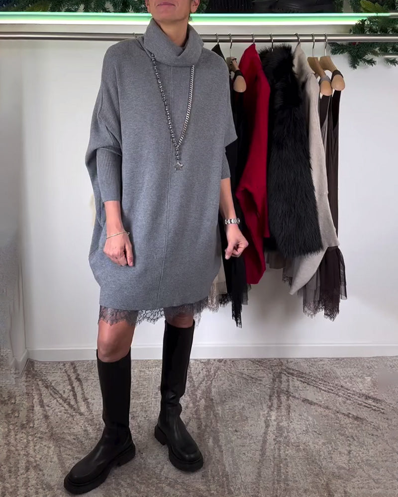 Ensemble Robe en Dentelle Maille – Bretelles, Col Haut et Manches Chauve-Souris