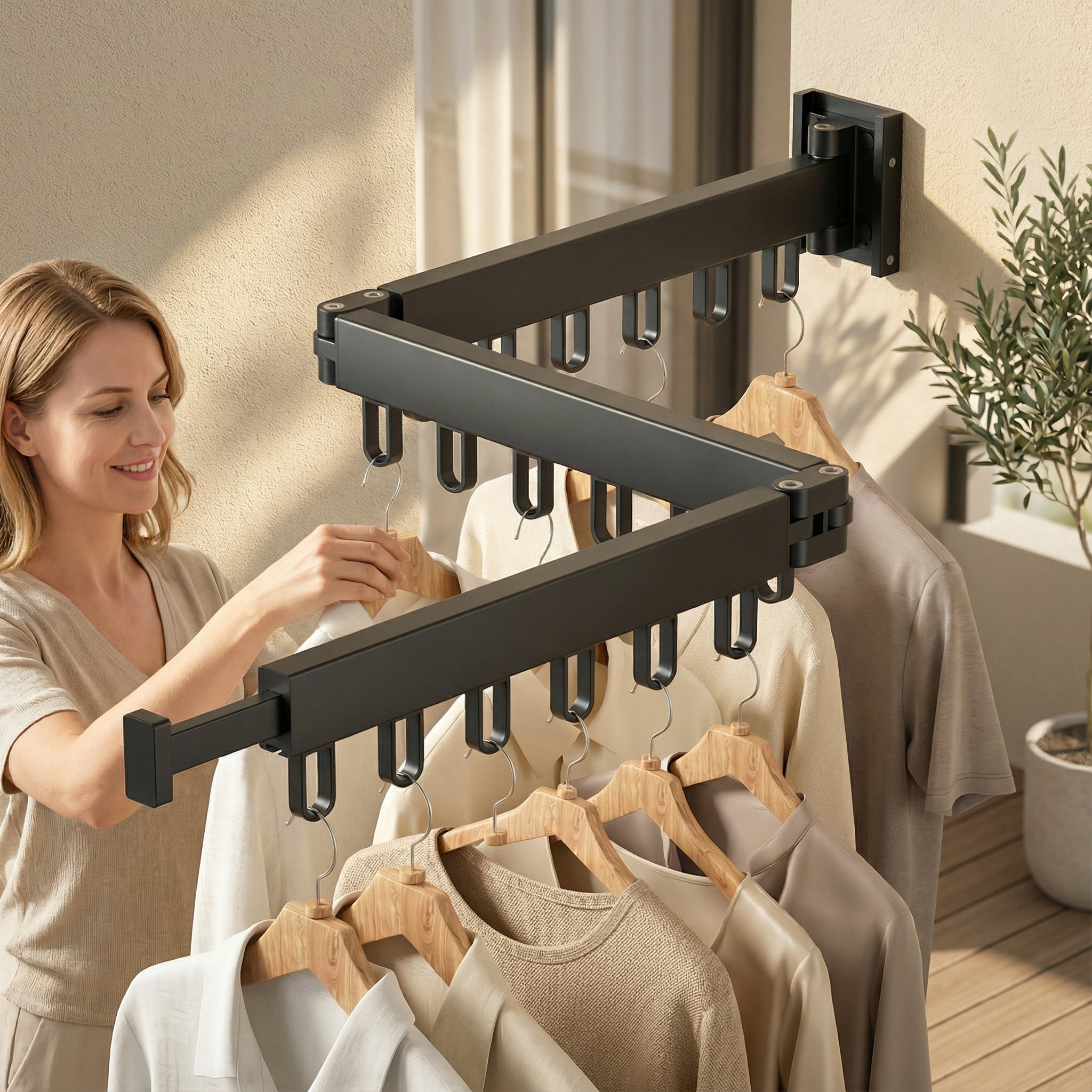Étendoir mural rétractable pour vêtements avec design compact et robuste