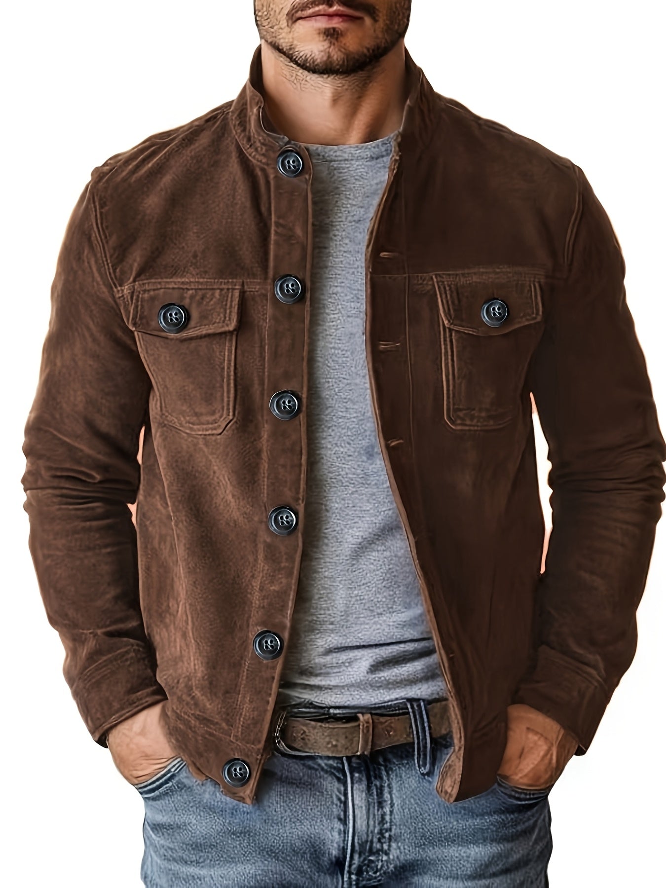 Veste décontractée pour hommes avec boutons et col montant – Veste de travail vintage pour le printemps et l'automne