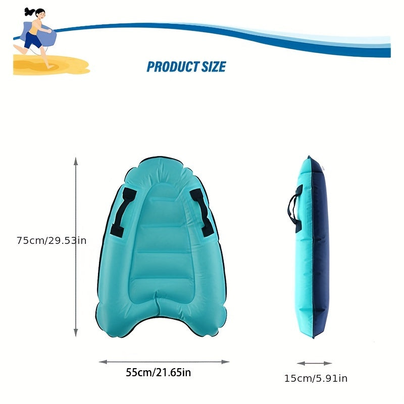 Planche de natation gonflable en forme de planche de surf pour piscine et plage, avec poignées.