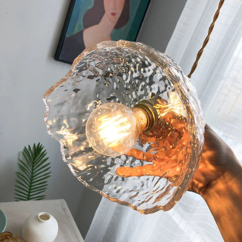 Lampe suspendue en verre vert | Luminaire en laiton ondulé