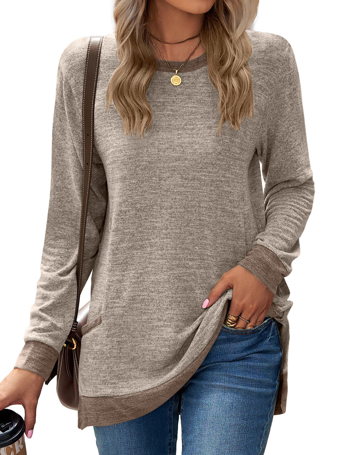 Pull doux et décontracté à manches longues pour femmes, tunique à col rond, tricot en coton et cachemire, haut mi-long avec poches pour tenue décontractée