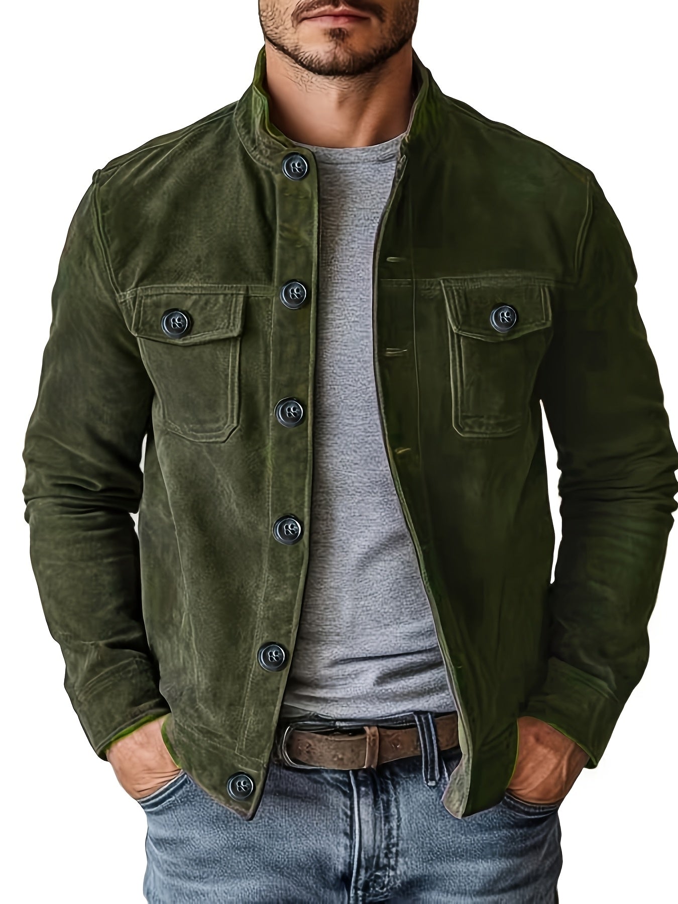Veste décontractée pour hommes avec boutons et col montant – Veste de travail vintage pour le printemps et l'automne