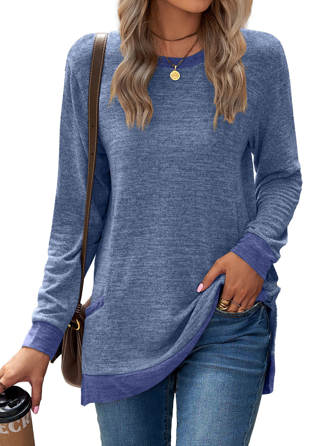 Pull doux et décontracté à manches longues pour femmes, tunique à col rond, tricot en coton et cachemire, haut mi-long avec poches pour tenue décontractée