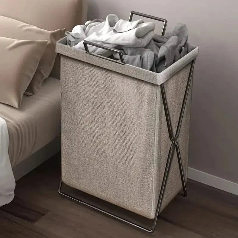 Panier à linge pliable avec cadre métallique et sac de rangement en tissu tissé