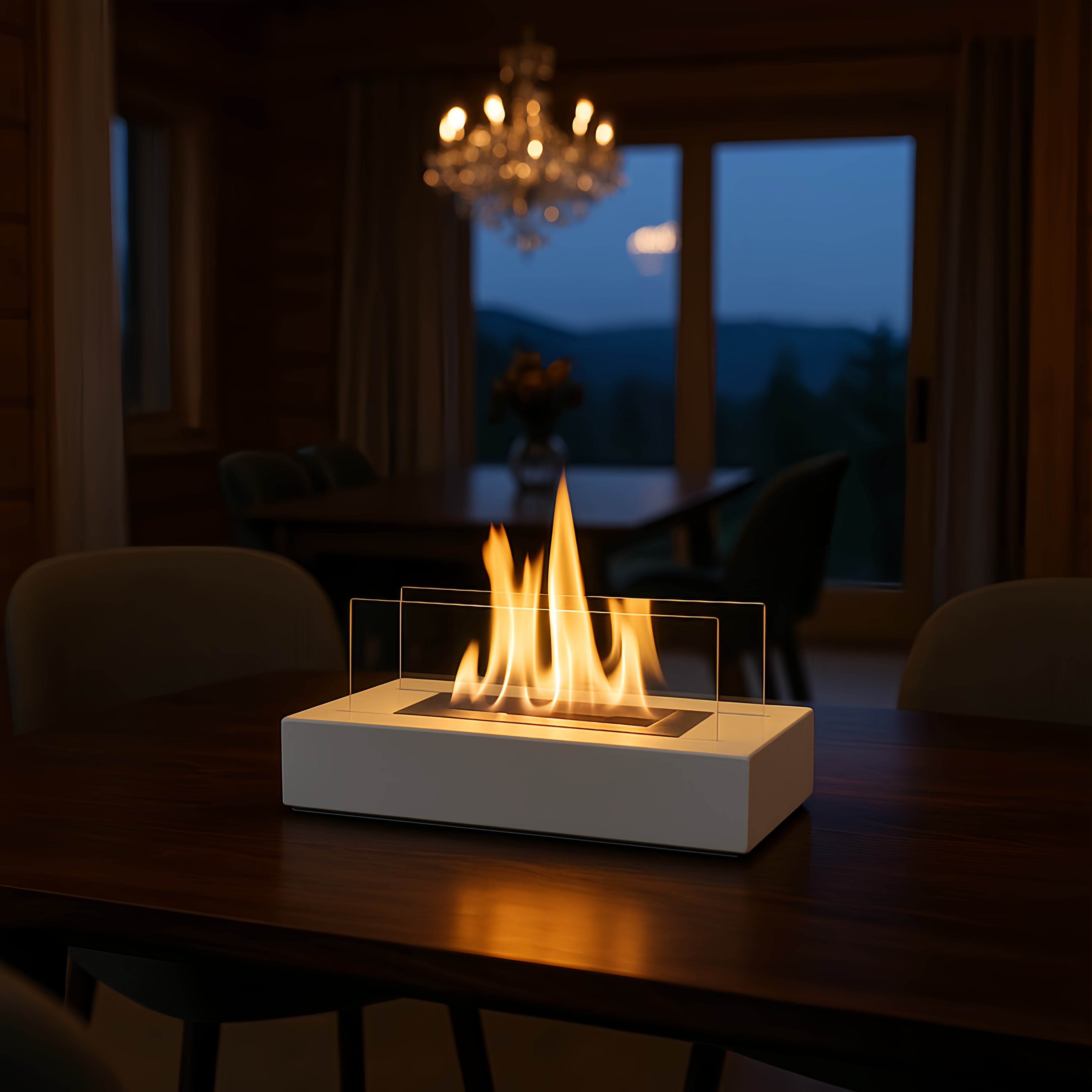Cheminée de table rectangulaire premium au bioéthanol - verre borosilicate et acier de haute qualité