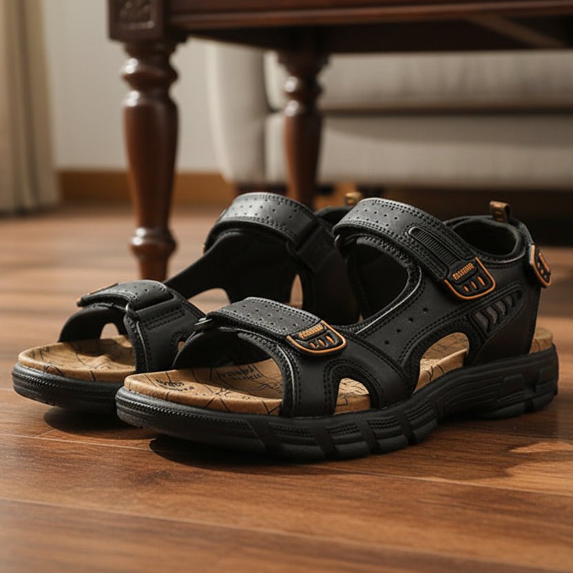 Sandales en cuir ergonomiques pour hommes avec soutien rembourré et fermeture Velcro