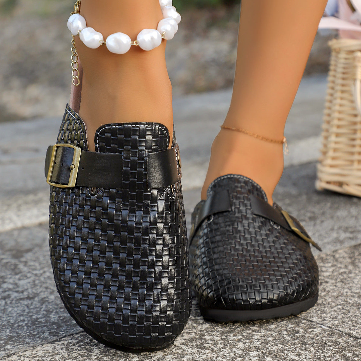 Mocassins doux et durables pour femmes, motif tissé avec boucle de ceinture, cuir PU, à porter au quotidien