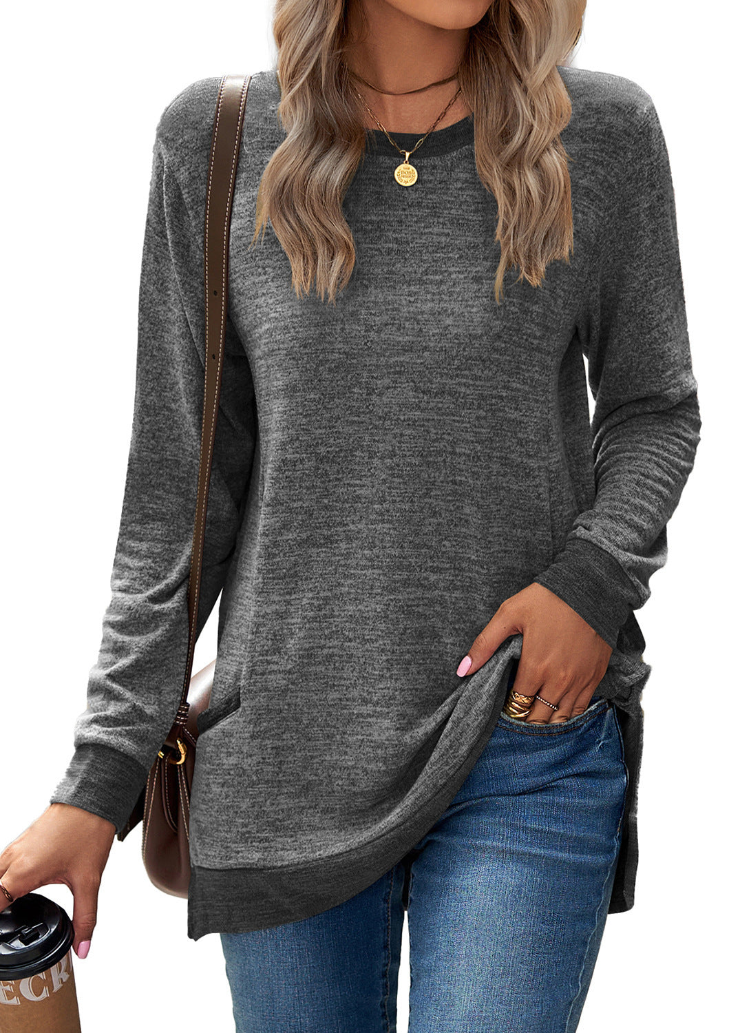 Pull doux et décontracté à manches longues pour femmes, tunique à col rond, tricot en coton et cachemire, haut mi-long avec poches pour tenue décontractée