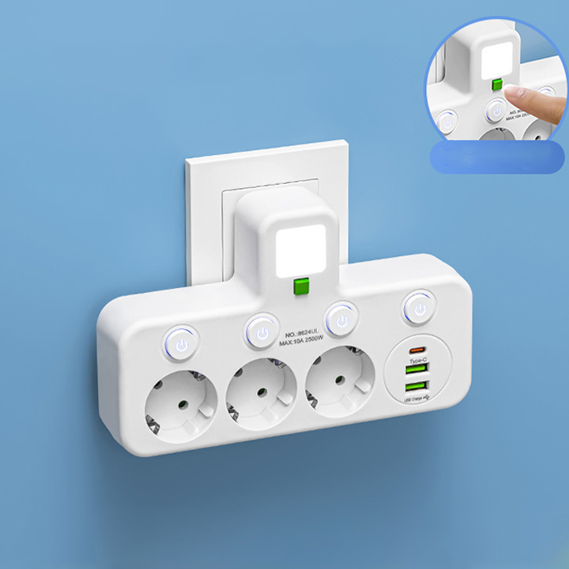 Multiprise avec ports USB, interrupteurs individuels et veilleuse