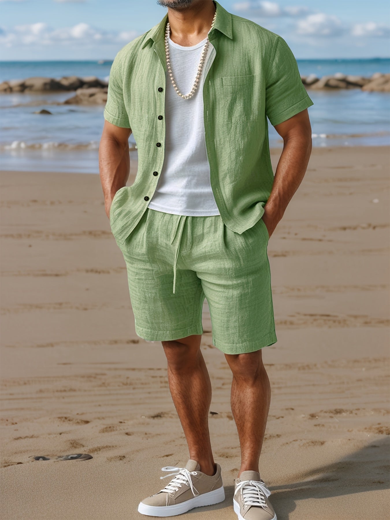 Ensemble d'été en lin pour homme avec chemise à manches courtes et shorts confortables