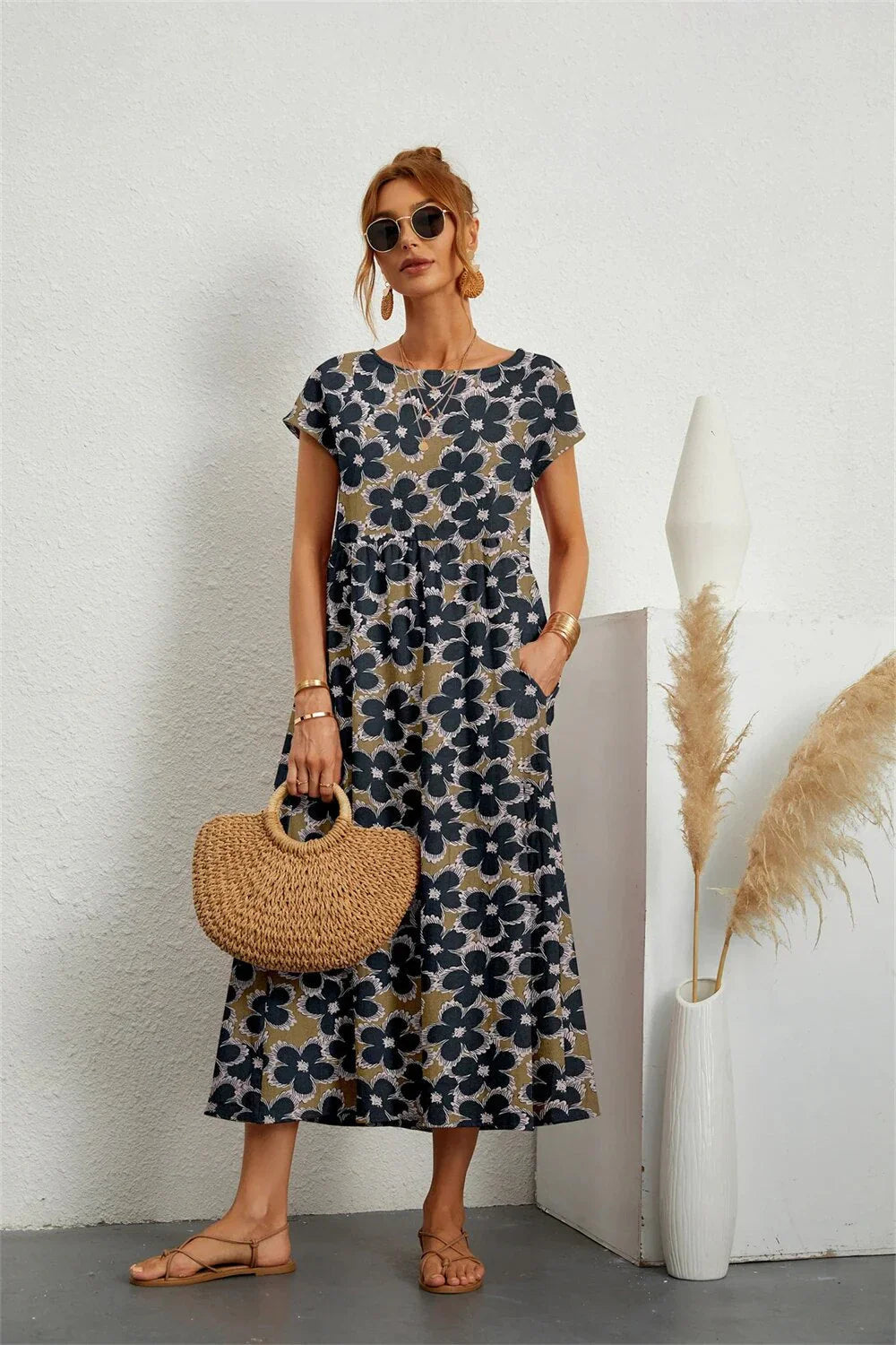 Narsago | Robe Midi Fleurie en Coton et Lin – Manches Courtes & Col Rond, Confort et Élégance