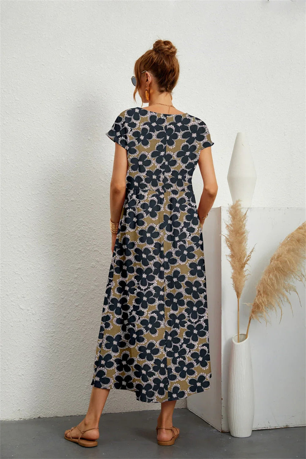 Narsago | Robe Midi Fleurie en Coton et Lin – Manches Courtes & Col Rond, Confort et Élégance