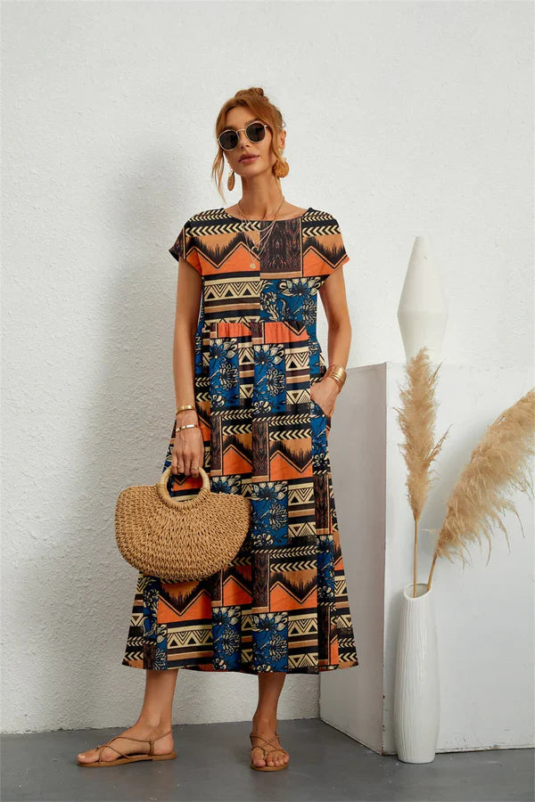 Narsago | Robe Midi Fleurie en Coton et Lin – Manches Courtes & Col Rond, Confort et Élégance