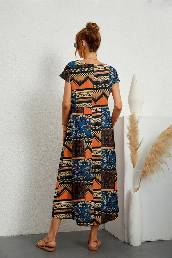 Narsago | Robe Midi Fleurie en Coton et Lin – Manches Courtes & Col Rond, Confort et Élégance