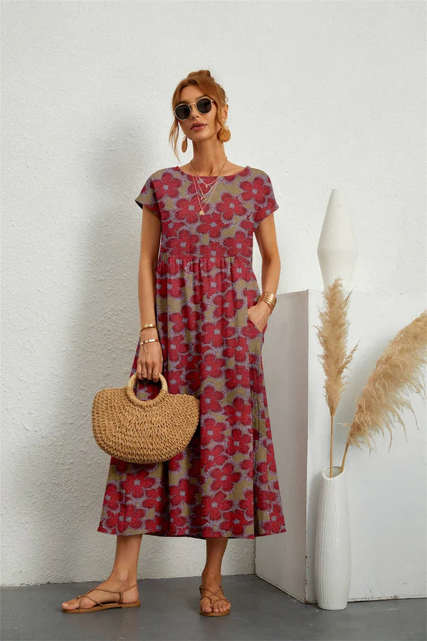 Narsago | Robe Midi Fleurie en Coton et Lin – Manches Courtes & Col Rond, Confort et Élégance