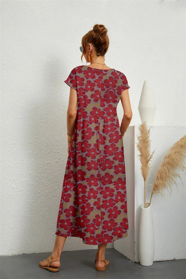 Narsago | Robe Midi Fleurie en Coton et Lin – Manches Courtes & Col Rond, Confort et Élégance