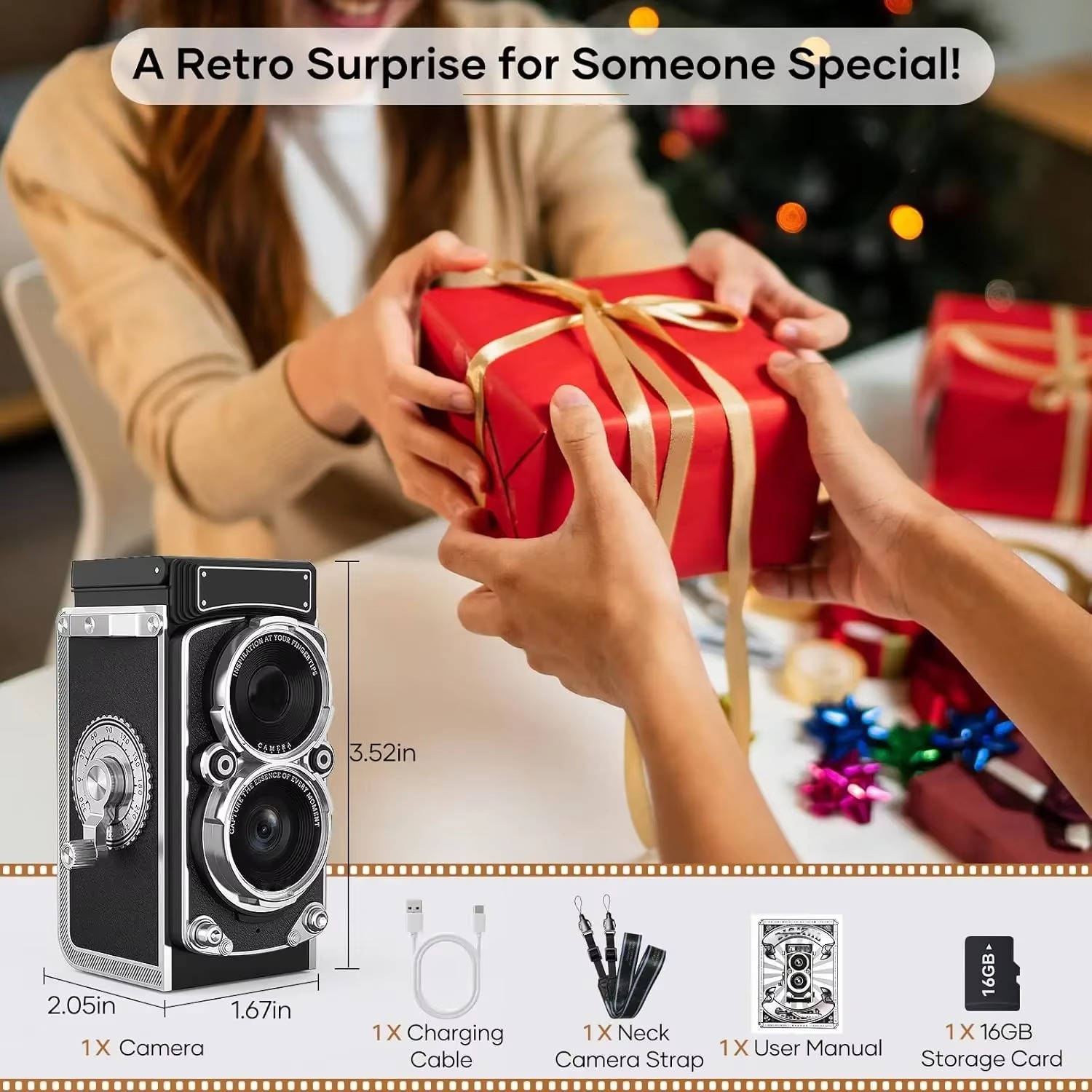 Appareil photo numérique compact rétro 12 Mpx à prise de vue instantanée, vidéo 1080p, carte 16 Go, batterie 1000 mAh